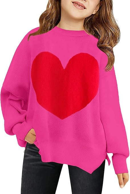 Haloumoning Girls Oversized Sweaters Kids Fashion Heart Batwing Sleeve Ribbed Knit Side Slit Pull... | Amazon (US)