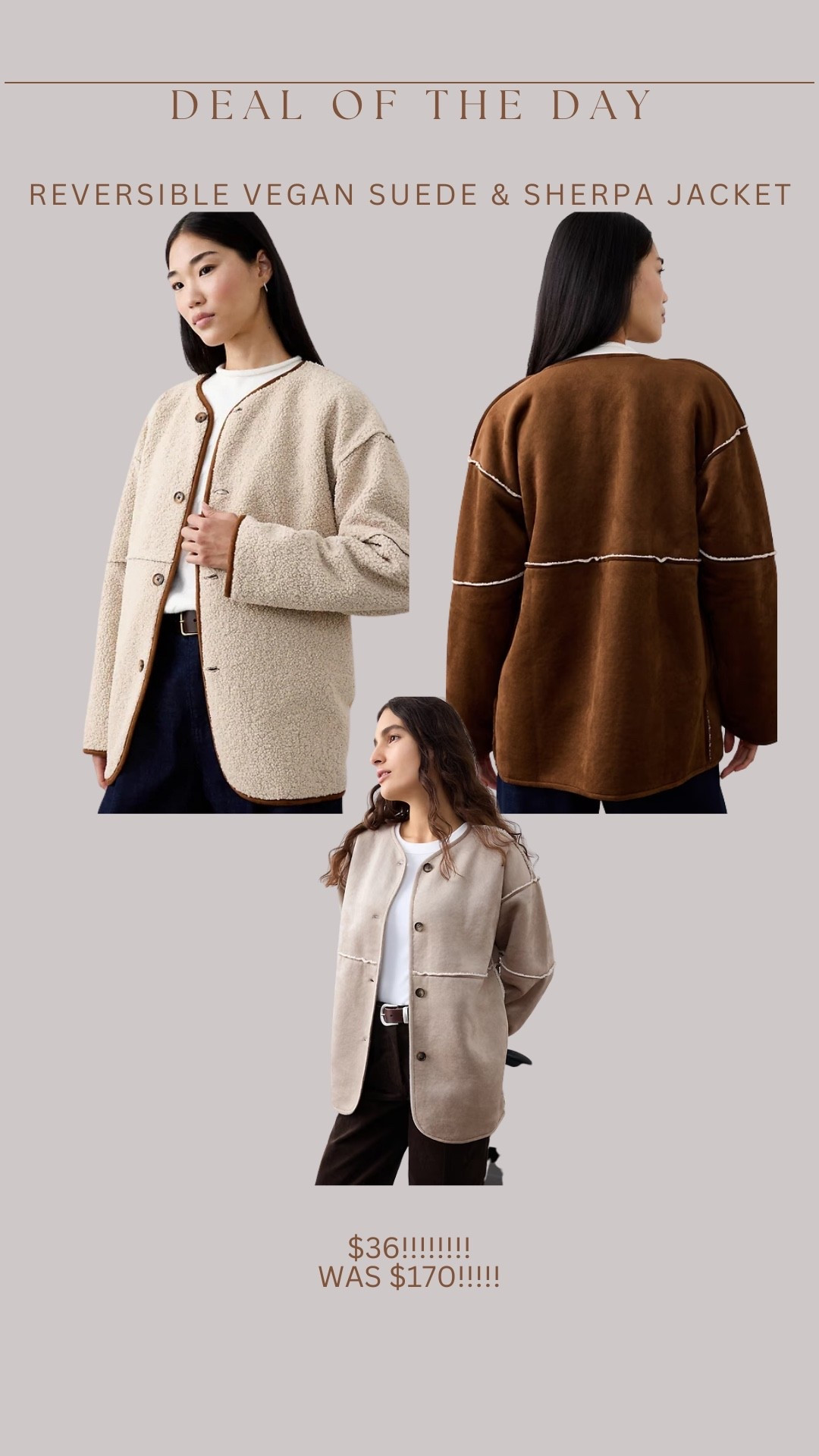What in the world 🤩😍this stunning banana republic reversible jacket (vegan suede on one side & Sherpa on the other) is 70% off PLUS 20% off in cart!!!!!! Over $130 off!!!! Will sellout! 

#LTKSaleAlert #LTKTravel #LTKSeasonal