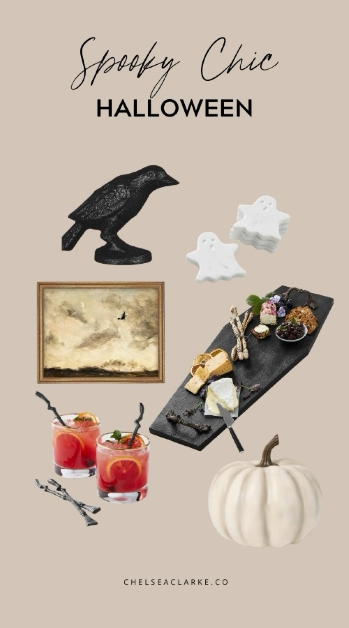 Spooky chic Halloween Decor - decorate your home for Halloween with these great classy Halloween decor items. Iron crow figure, ghost drink coasters, coffin shaped charcuterie board, witches broom cocktail stir sticks, pumpkin decor, vintage halloween painting, vintage witch painting. Perfect decor for a classy Halloween party. 

#LTKFallSale #LTKSeasonal #LTKHome