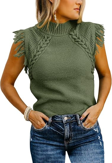 Saodimallsu Womens Sleeveless Sweater Vest Mock Neck Cable Knit Fringe Cap Sleeve Boho Trendy Pul... | Amazon (US)