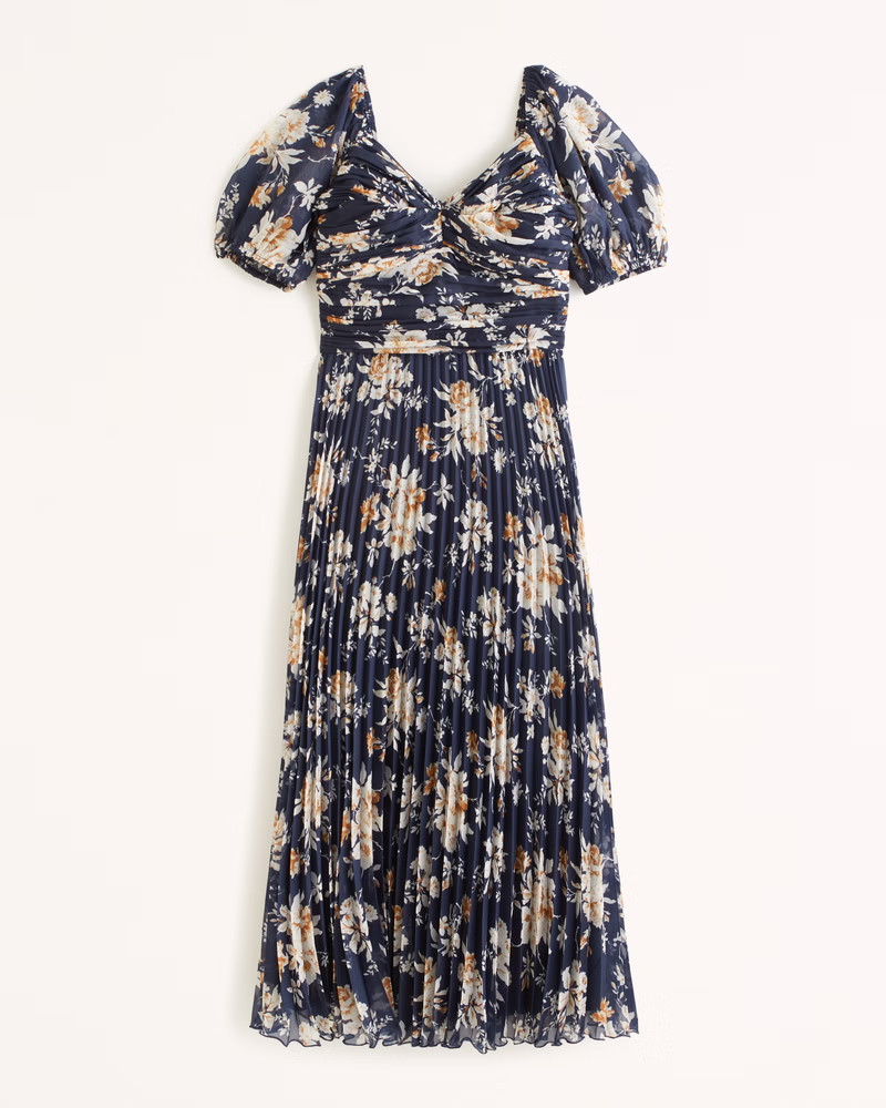 Women's Puff Sleeve Pleated Midi Dress | Women's Dresses & Jumpsuits | Abercrombie.com | Abercrombie & Fitch (US)