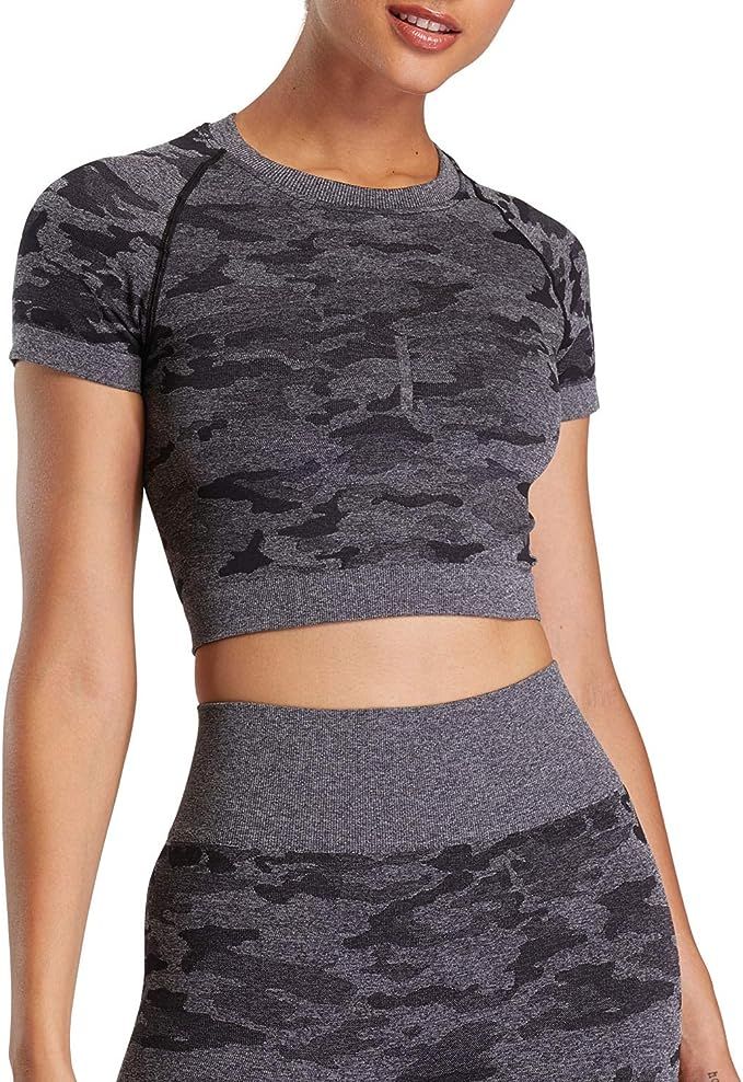 Aoxjox Women's Workout Short Sleeve Seamless Camo Crop Top Gym Sport Shirts | Amazon (US)