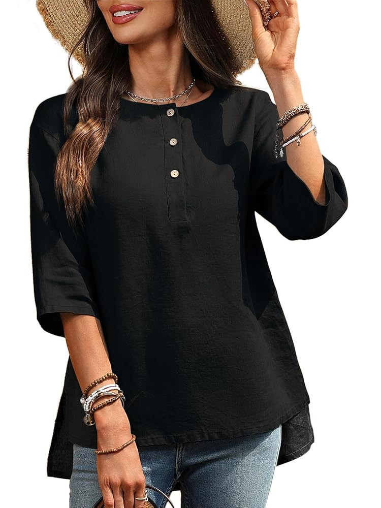 Women's Linen Henley Shirts 100% Linen Elbow Sleeve Crew Neck Slit Hem Tunics Blouse Top | Amazon (US)