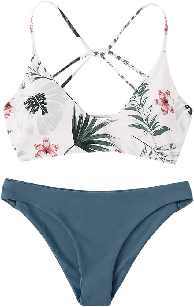SweatyRocks Women's Sexy Bathing Suit Floral Print Cross Back Bikini Set Swimsuits | Amazon (US)