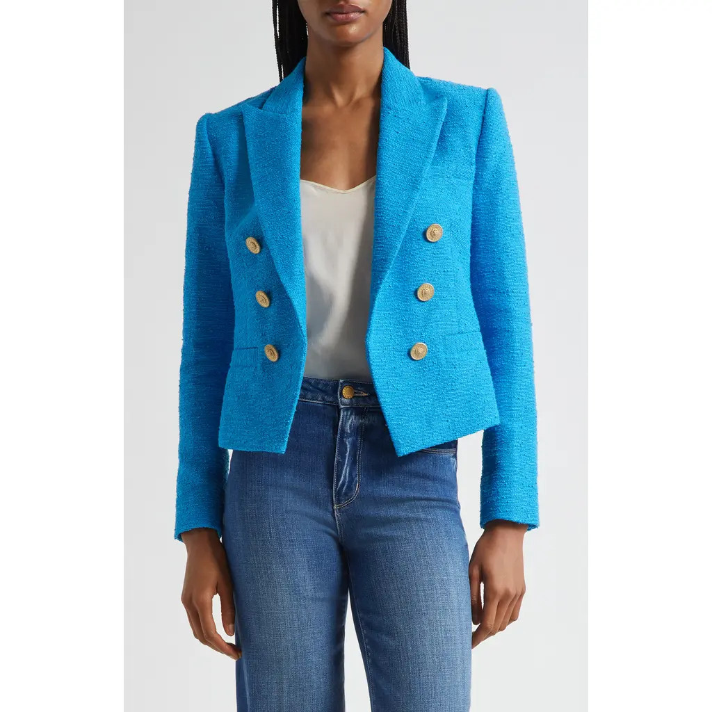 L'AGENCE Brooke Double Breasted Crop Cotton Blend Blazer in Dresden Blue/Gold Chain at Nordstrom Rack, Size 16 | Nordstrom Rack