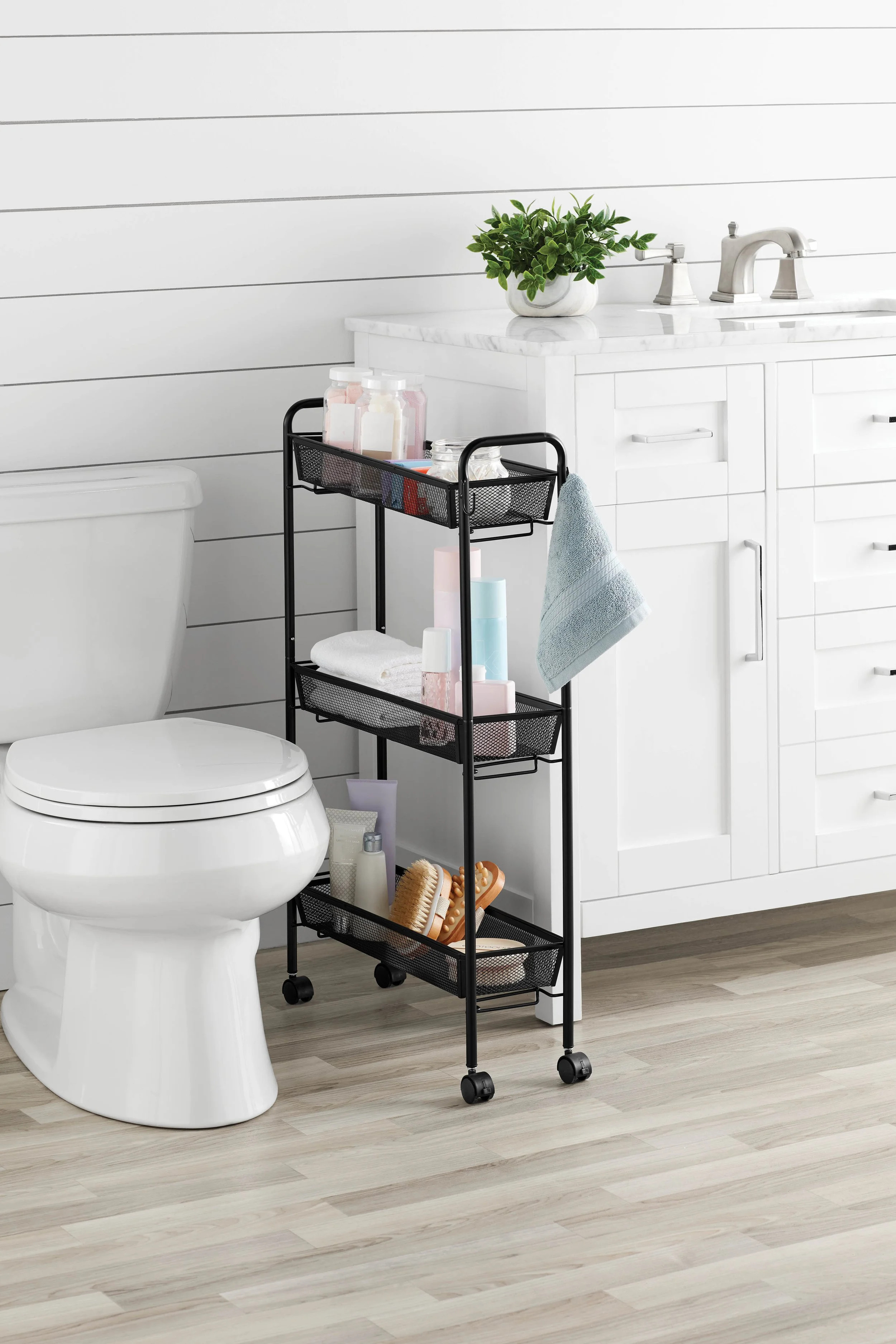 Mainstays Slim 3-Tier Rolling Bathroom Storage Cart with Hooks, Black | Walmart (US)
