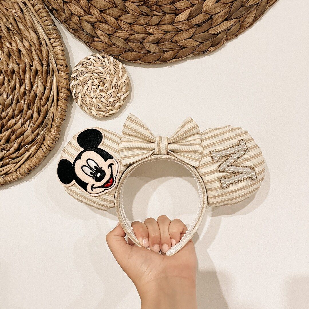 Sea Salt Beige Striped Mickey Mouse Ears | Minnie Ears | Mouse Ears | Disney Ears | Beige Ears | ... | Etsy (US)