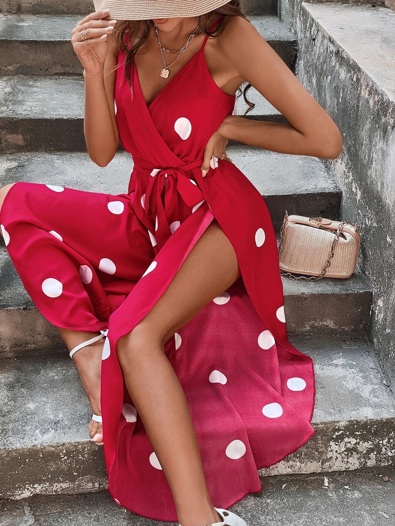 Polka Dot Print Wrap Belted Cami Jumpsuit | SHEIN