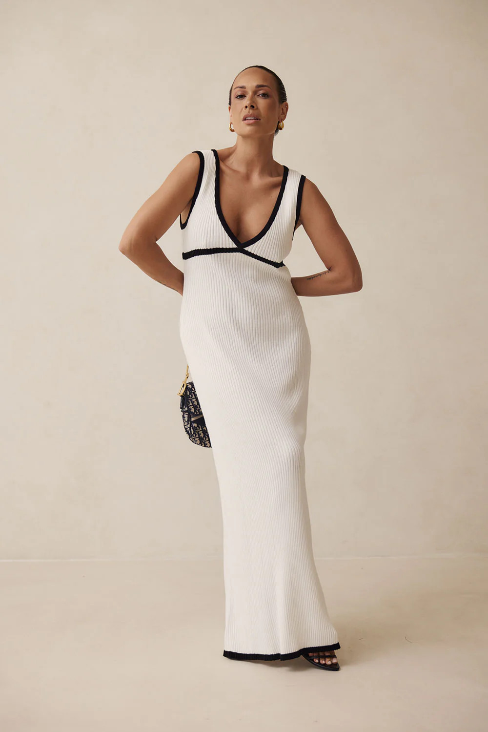 White Knit V Neck Maxi Paragon Dress | Sabo Skirt US