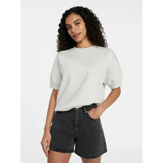 Time and Tru Women's Fleece Sweatshirt with Short Puff Sleeves, Sizes XS-XXXL | Walmart (US)