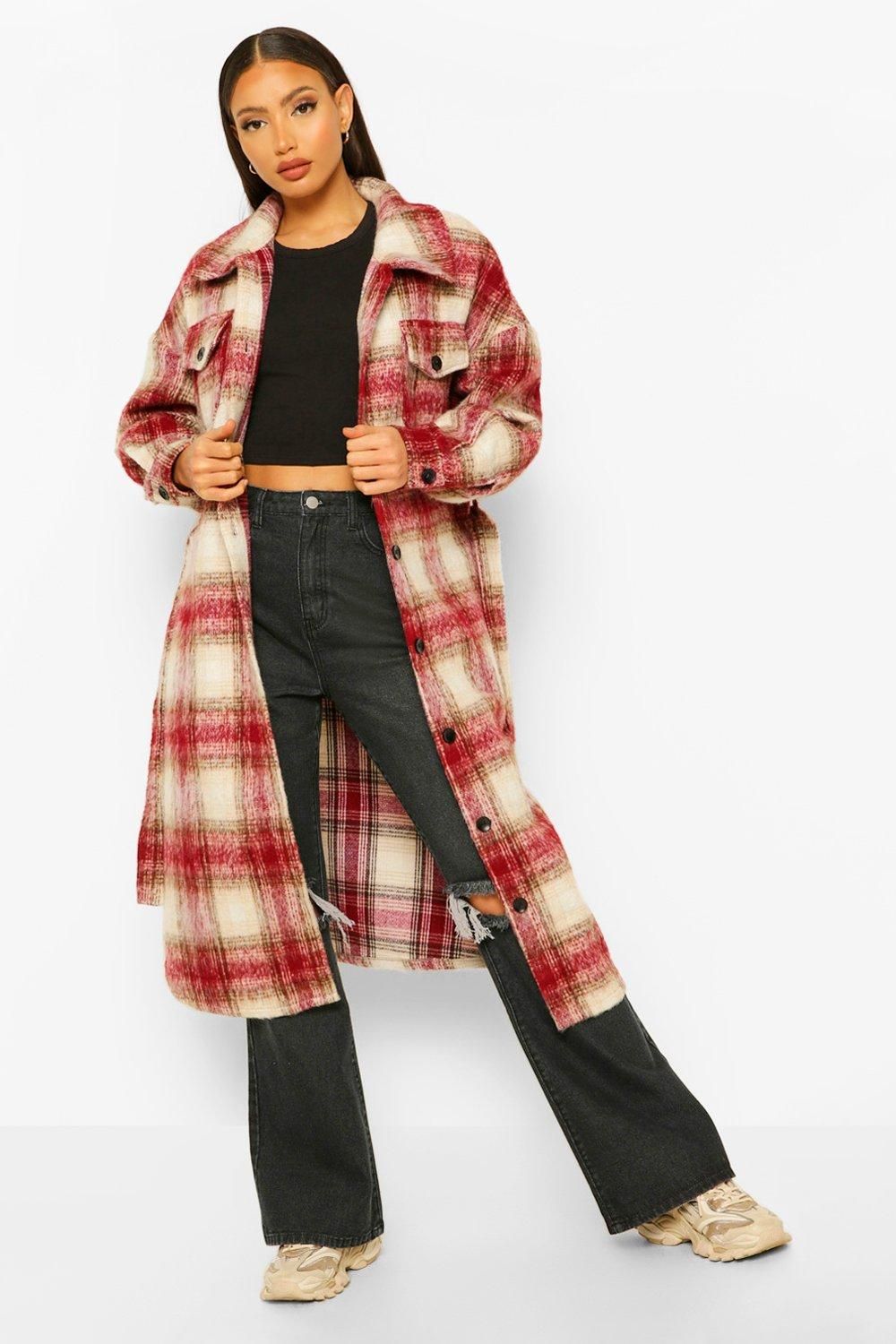 Womens Tall Longline Wool Look Belted Flannel Shacket Coat - Red - 2 | Boohoo.com (US & CA)