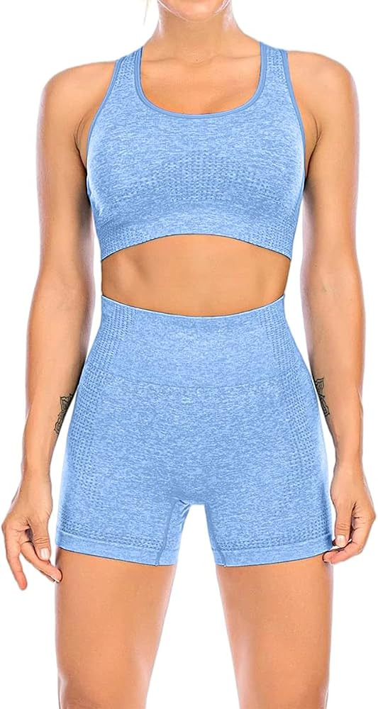 YR.Lover Women's Seamless Yoga Workout Outfits Set 2 Piece High Waist Sports Shorts Gym Sleeveles... | Amazon (US)