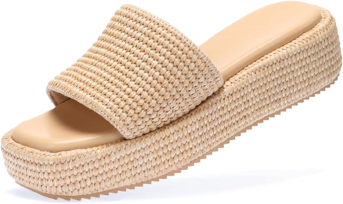 Monrovia Platform Sandals Women Raffia Espadrille Slides, Woven Straw Flatform Beach Sandals Wome... | Amazon (US)