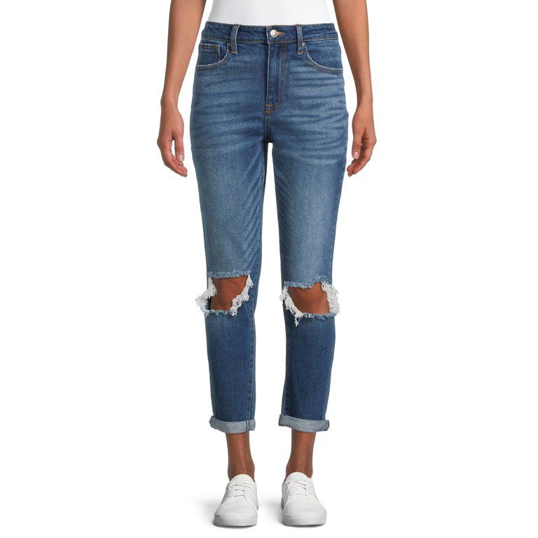 No Boundaries Juniors' Super High Rise Destructed Mom Jeans, XL | Walmart (US)