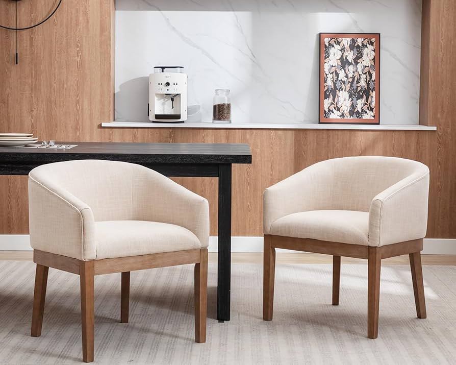 Mid Century Modern Upholstered Barrel Dining Chairs with Arms Set of 2, Farmhouse Linen Kitchen &... | Amazon (US)