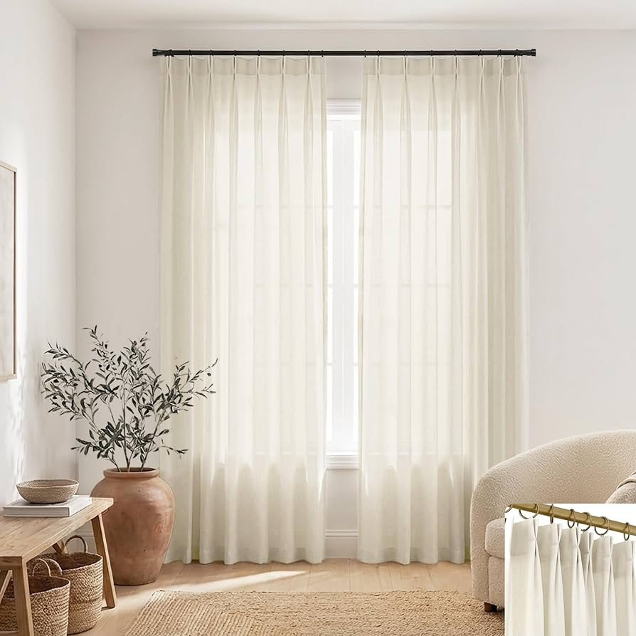 SHINELAND 102 Inch Long Pinch Pleated Linen Curtains Drapes for Living Room,Light Filtering Sheer... | Amazon (US)