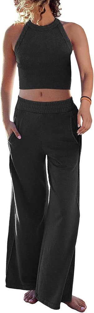 Ugerlov Women's Two Piece Summer Sets Ribbed Tank Crop Top Wide Leg Pants 2 Piece Outfits Matchin... | Amazon (US)