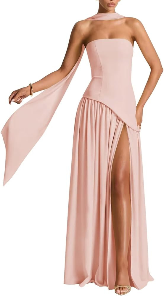 Bolodoo Strapless Bridesmaid Dress with Scarf Chiffon Long Corset Prom Dresses Evening Dress | Amazon (US)