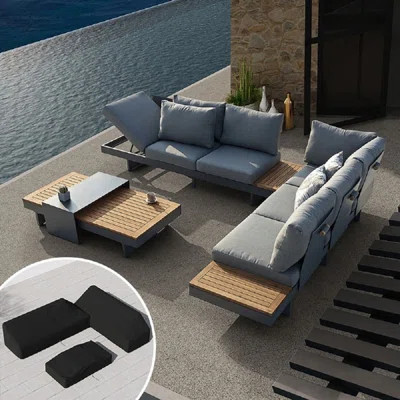 4-Pieces Modular Aluminum & Teak Outdoor Sofa Set With Covers For 6 Person | Wayfair North America