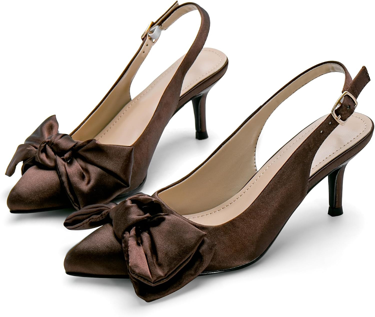 Women's Pumps Kitten Heels with Bow 2 Inch Closed Pointed Toe Slingback Satin Comfortable Low Heel Casual Party Wedding Dress Shoes | Amazon (US)