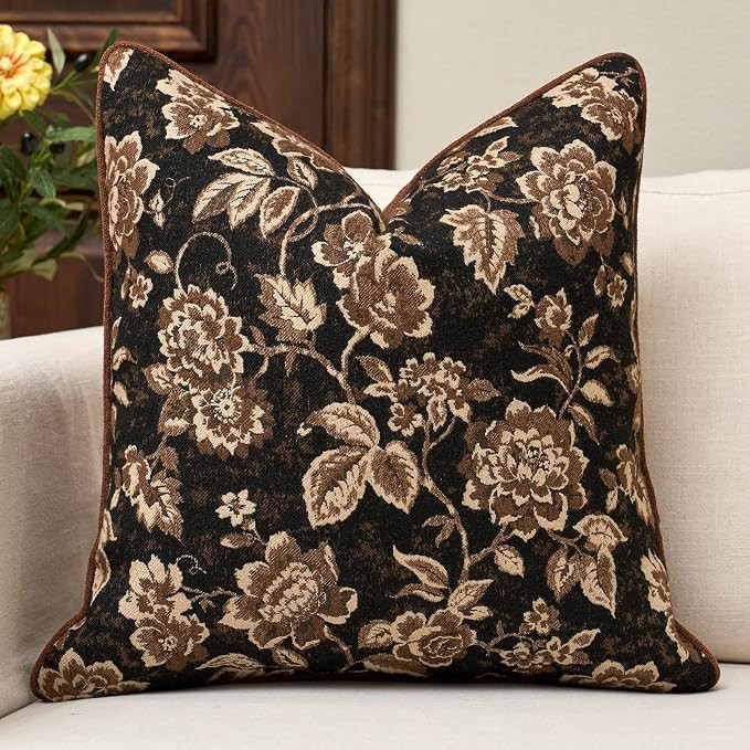 Throw Pillow Cover 18x18, Brown Vintage Floral Soft Decorative Pillow Cover | Amazon (US)