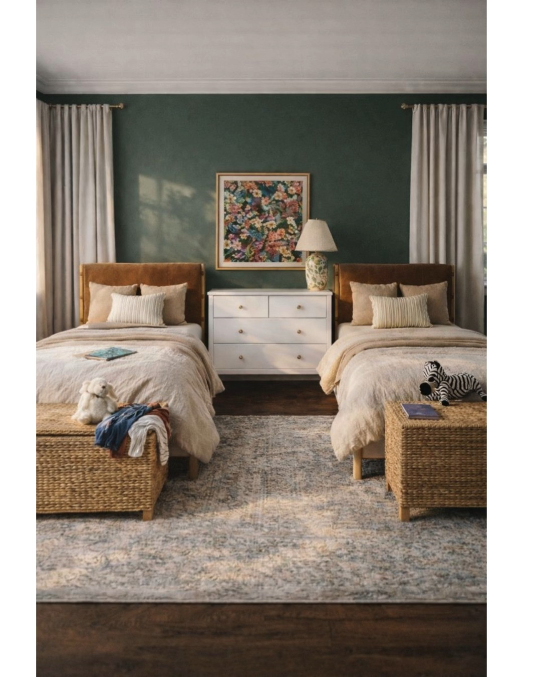 Kids Bedroom Refresh | Warm Transitional

This kids bedroom refresh was designed to feel calm, classic, and flexible enough to grow with them. The space is anchored by upholstered beds from @potterybarn, giving the room structure and warmth without leaning too juvenile.

Deep green walls ground the space while soft neutrals, natural textures, and symmetrical styling keep everything feeling balanced. It’s a shared bedroom that feels intentional, not cluttered, and styled in a way that works now and later.

This kind of kids bedroom refresh starts with strong foundational pieces and layers in softness through textiles and color. All sources are linked so you can recreate the look or adapt it for your own home. 

 #LTKHome #LTKKids