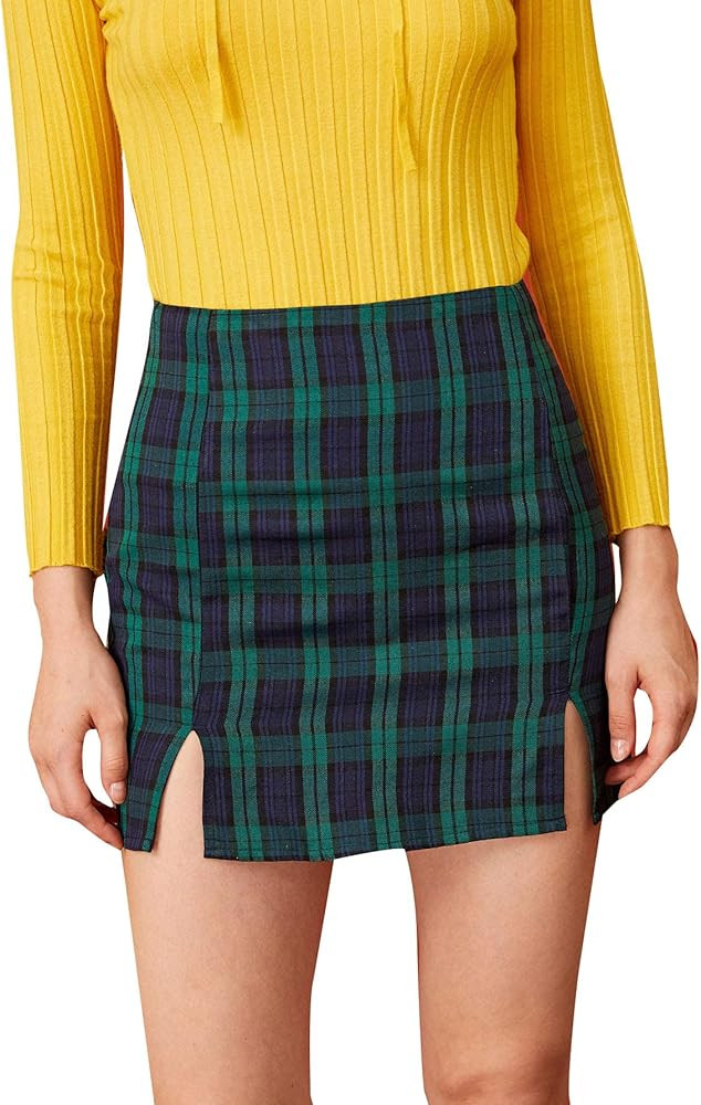 Women's Plaid Skirt High Waist Split Front Zip Up Mini Bodycon Skirt | Amazon (US)