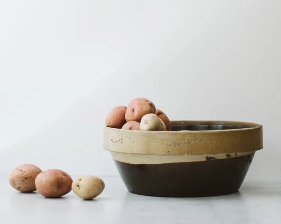 Large Antique Brown Dipped Stoneware Crock Bowl | Modern Farmhouse Mixing Bowl | Kitchen Serving ... | Etsy (US)