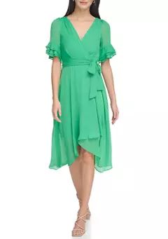 DKNY Women's Ruffle Detailed Tie Waist Solid Fit and Flare Dress | Belk