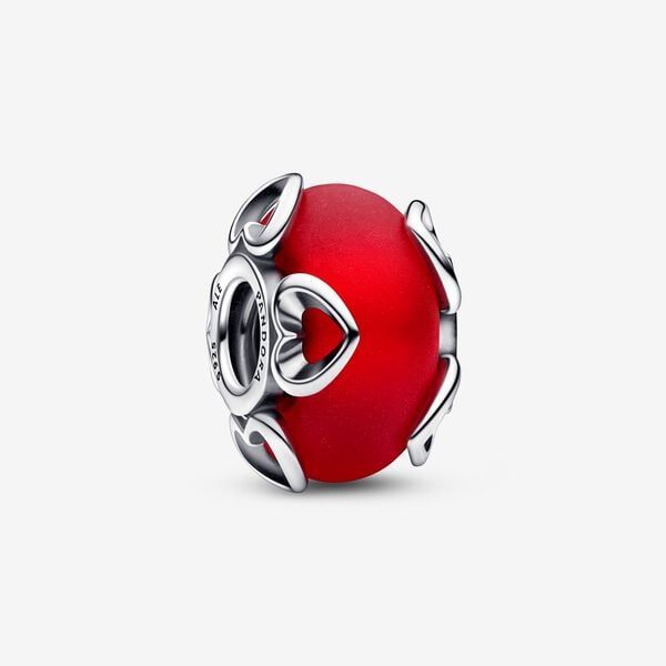 Frosted Red Murano Glass & Hearts Charm | Pandora (UK)