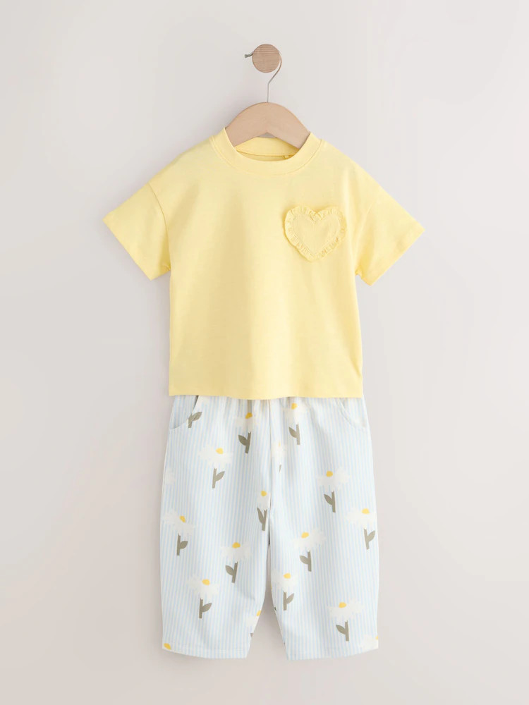 Lemon Yellow Daisy Short Sleeve Top and Barrel Trousers Set (3mths-7yrs) | Next US