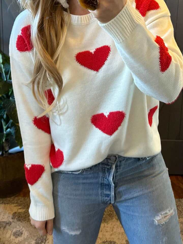 Women Valentine's Day Heart Embroidered Sweater Long Sleeve Crew Neck Pullovers Fall Winter Casua... | SHEIN