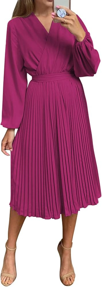 PRETTYGARDEN Women's Midi Long Puff Sleeve Wrap V Neck Flowy Ruffle Pleated Casual Dresses | Amazon (US)