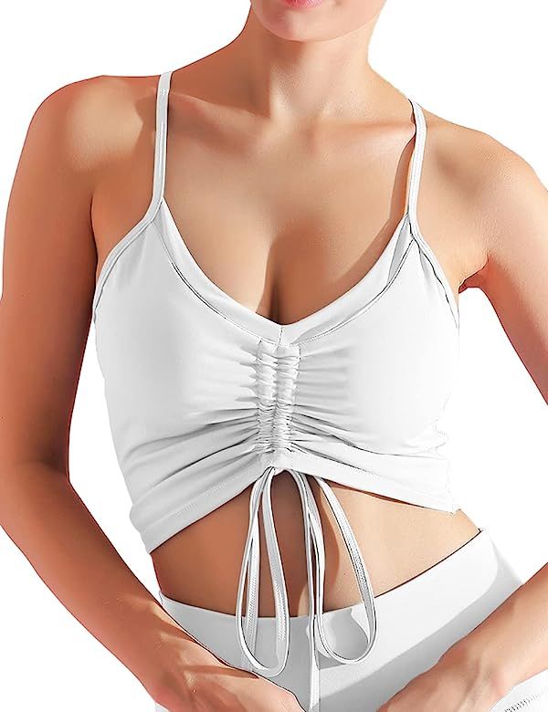 Womens Longline Sports Bra Workout Tank Tops Padded Drawstring Yoga Crop Top Built in Bras Fitness G | Amazon (US)