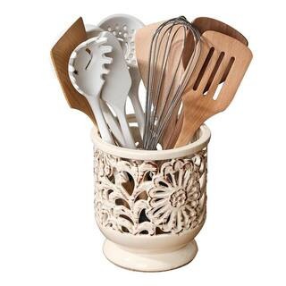 Ceramic Utensil Holder Beige with Cork Mat Decorative Farmhouse Kitchen Crock Hollow Carving Flower | The Home Depot