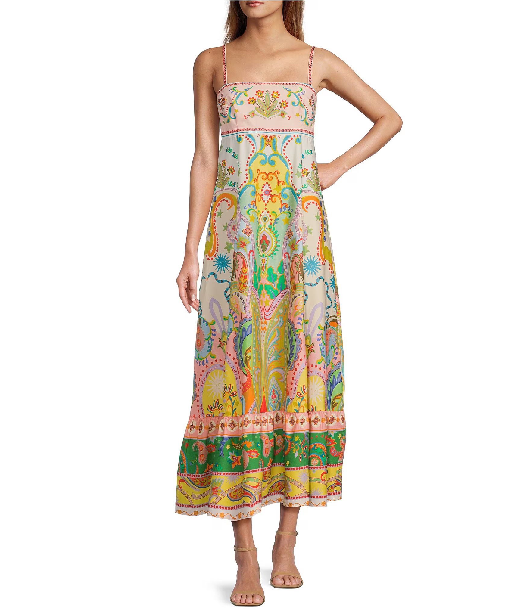 Anne Printed Square Neck Sleeveless A-Line Dress | Dillard's