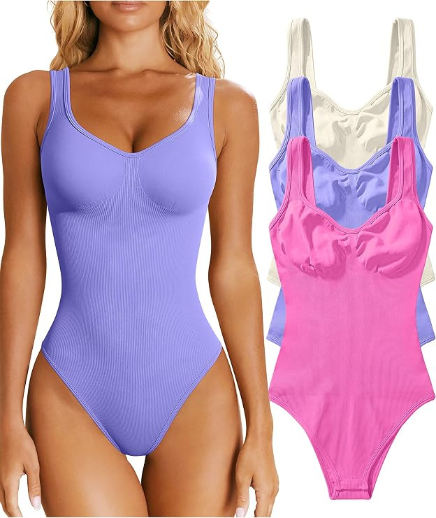 OQQ Women's 3 Piece Bodysuits Sexy Ribbed Sleeveless Shapewear Tank Tops Bodysuits | Amazon (US)