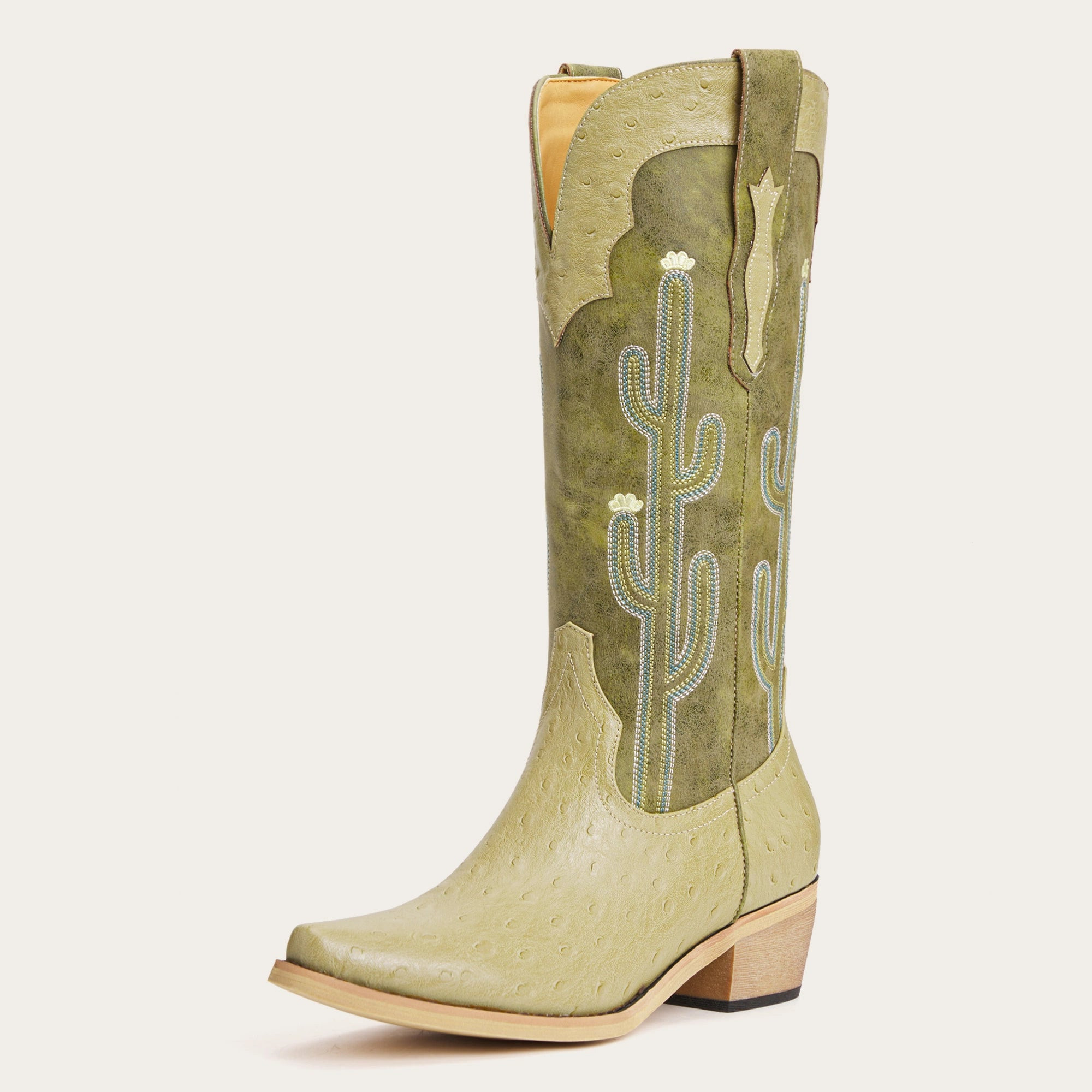 The Saguaro: Two-Tone Green Boots with Cactus Embroidery & Faux Ostrich - US 6.5 | REDTOP