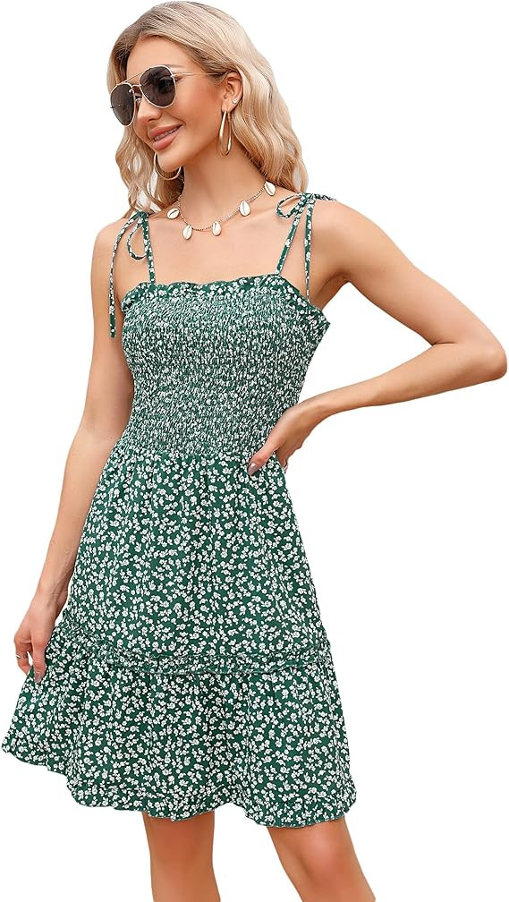 KOJOOIN Womens Spaghetti Strap Sleeveless Smocked Button Down Casual Loose Swing Mini Dresses | Amazon (US)