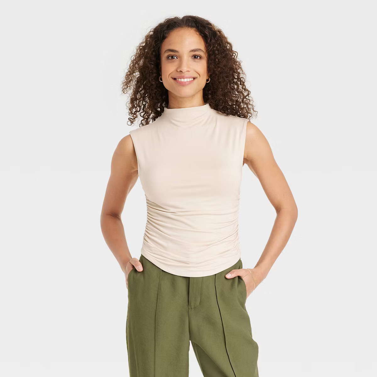 Women's Short Sleeve Side Ruched T-Shirt - A New Day™ Cream L | Target