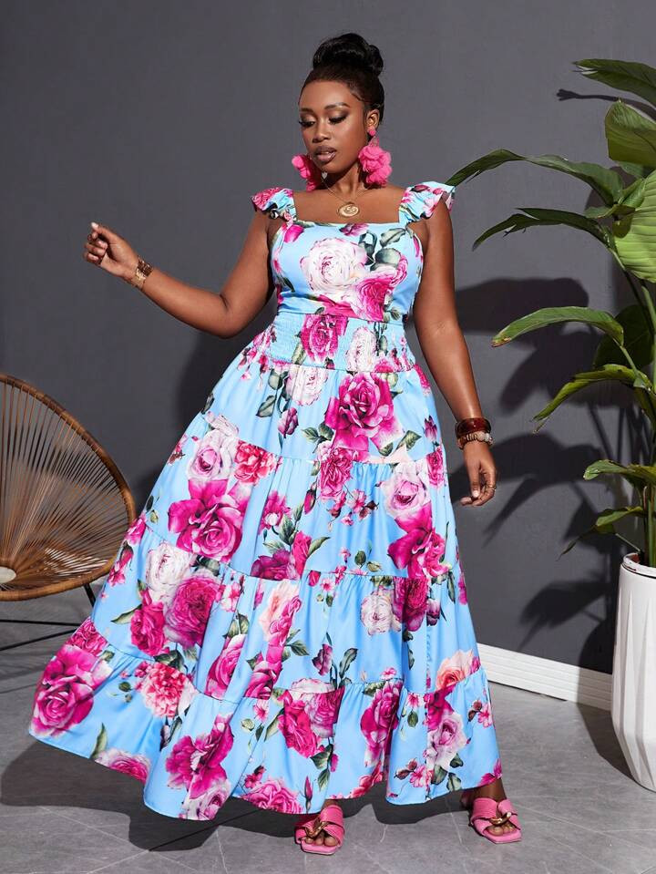 SHEIN Slayr Plus Size Floral Print Ruffled Sleeve Top And Skirt Set For Summer Vacation | SHEIN