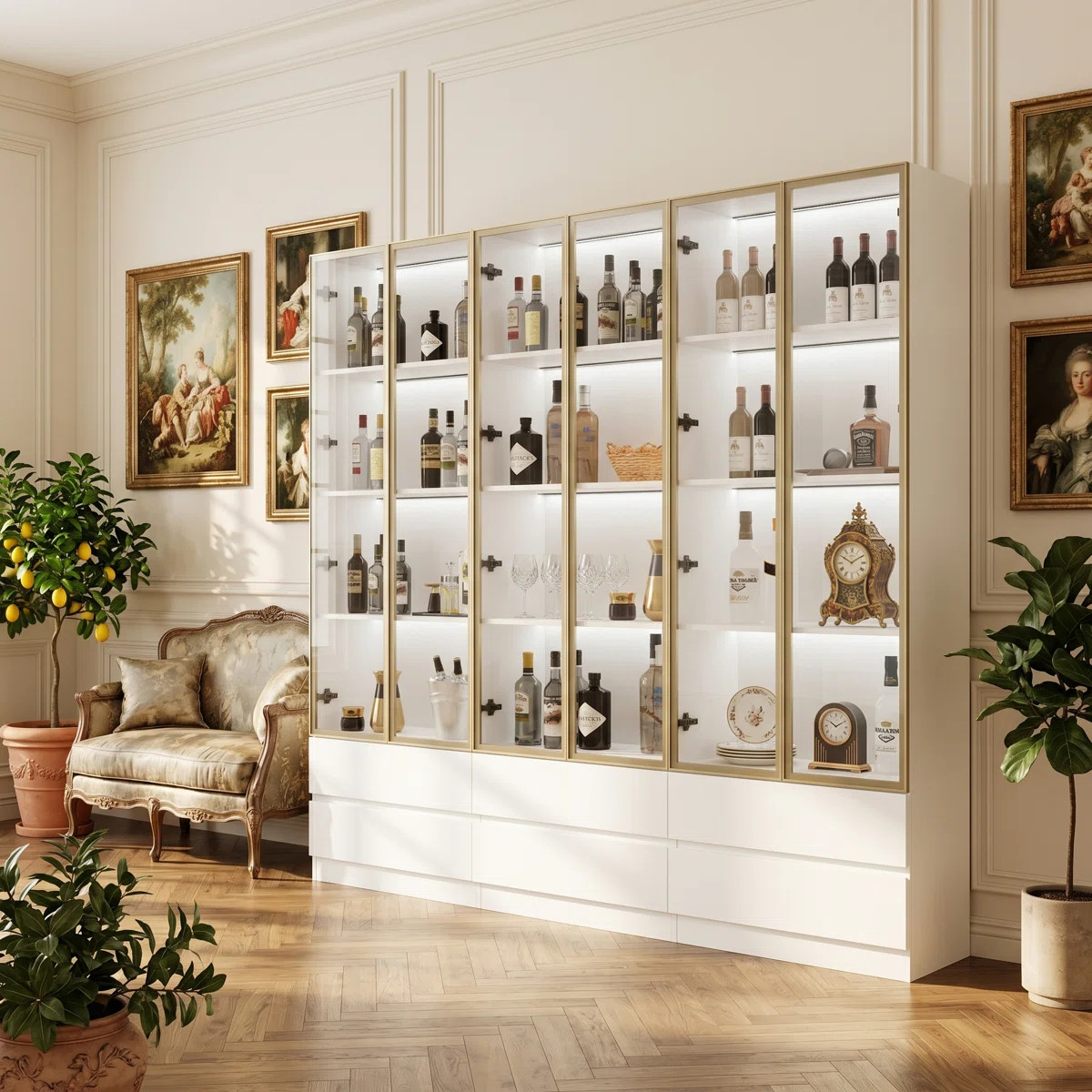 Modern Glass Door Wine Bar Cabinet - LED Lighting, 6 Drawers | Wayfair North America