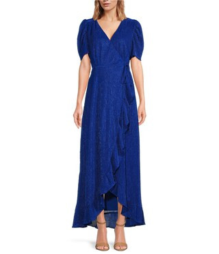 Sugarlips Plisse Shimmer V-Neck Short Sleeve Wrap Midi Dress | Dillard's | Dillard's