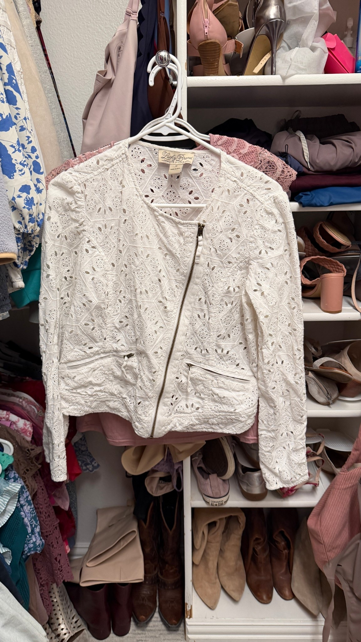 I just thrifted this soft white match eyelet jacket and you can too! Tons of sizes linked. The Medium is a bit tight on me but doable. It may have put in the dryer and shrunk. If between sizes, size up. I love it so much I ordered a Large also and will gift the Medium. I’m also going to wash it and put it on damp and wear it I to stretch out. Eyelet can shrink and stretch so I recommend air drying or sizing up if you prefer to use the dryer  

#LTKWorkwear #LTKOver40 #LTKMidsize