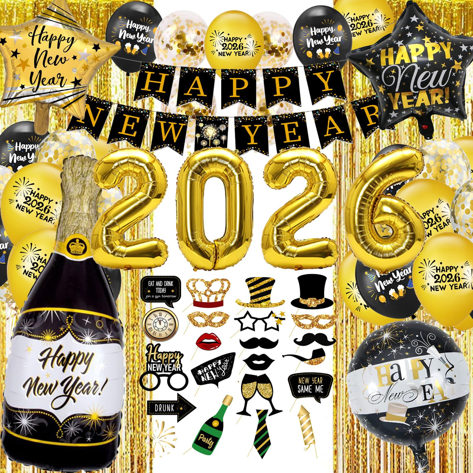 2026 Happy New Years Decoration Balloon Set,Gold Numbers 2026 Foil Balloons ,Happy New Year Banne... | Amazon (US)