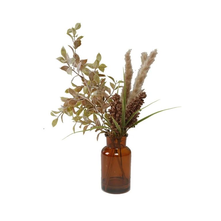 Flora Bunda 13.8" Artificial Fall Floral Arrangement in Brown Glass Vase Made for Table Top - 0.6... | Walmart (US)