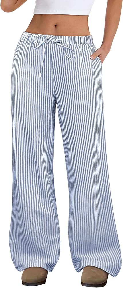 ANRABESS Women's Striped Gingham Pants 2025 Fall Pajama Lounge Boxer Pants Casual Wide Leg Drawst... | Amazon (US)