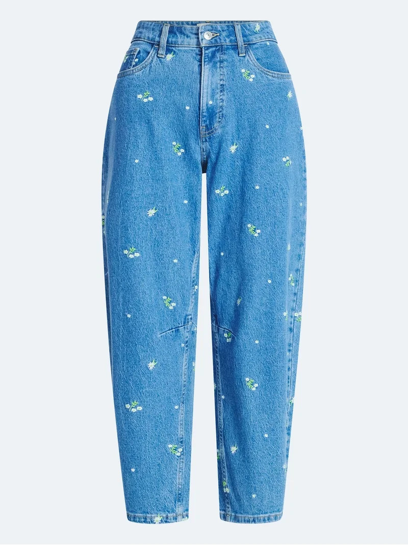 Free Assembly Women's and Women's Plus Embroidered Mid Rise Cropped Barrel Jeans, Sizes 0-26W | Walmart (US)