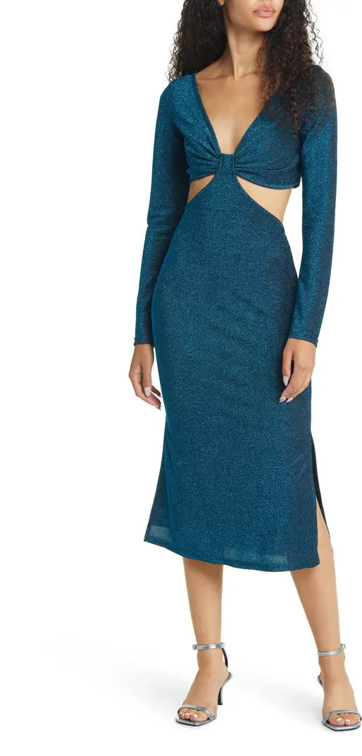 Lulus Sparks of Love Cutout Metallic Long Sleeve Midi Cocktail Dress | Nordstrom | Nordstrom