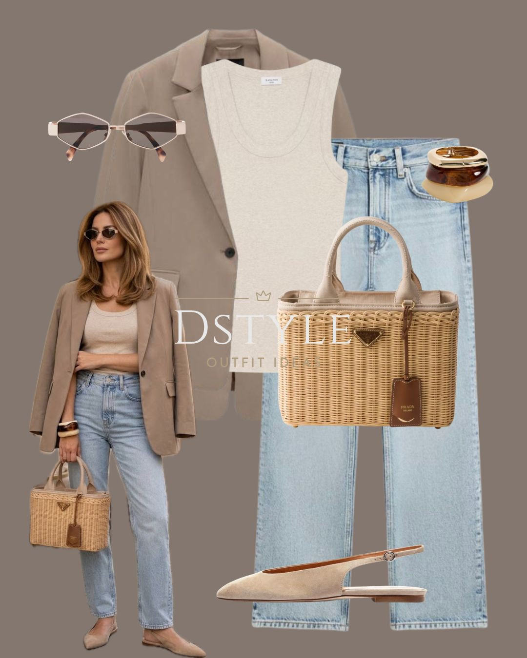 The perfect casual Friday uniform. 🤎 Elevate your favorite light-wash  jeans with a tailored beige blazer, a classic ribbed tank, and this stunning woven Prada tote. Effortless, polished, and ready for anything.

#LTKootd